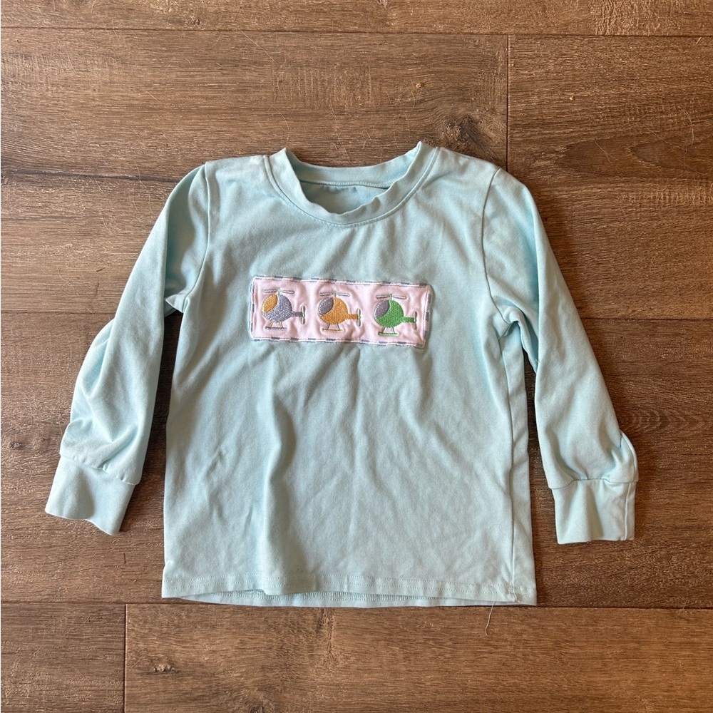 Toddler Baby Blue Appliqué Embroidered Helicopter Long Sleeve 3T